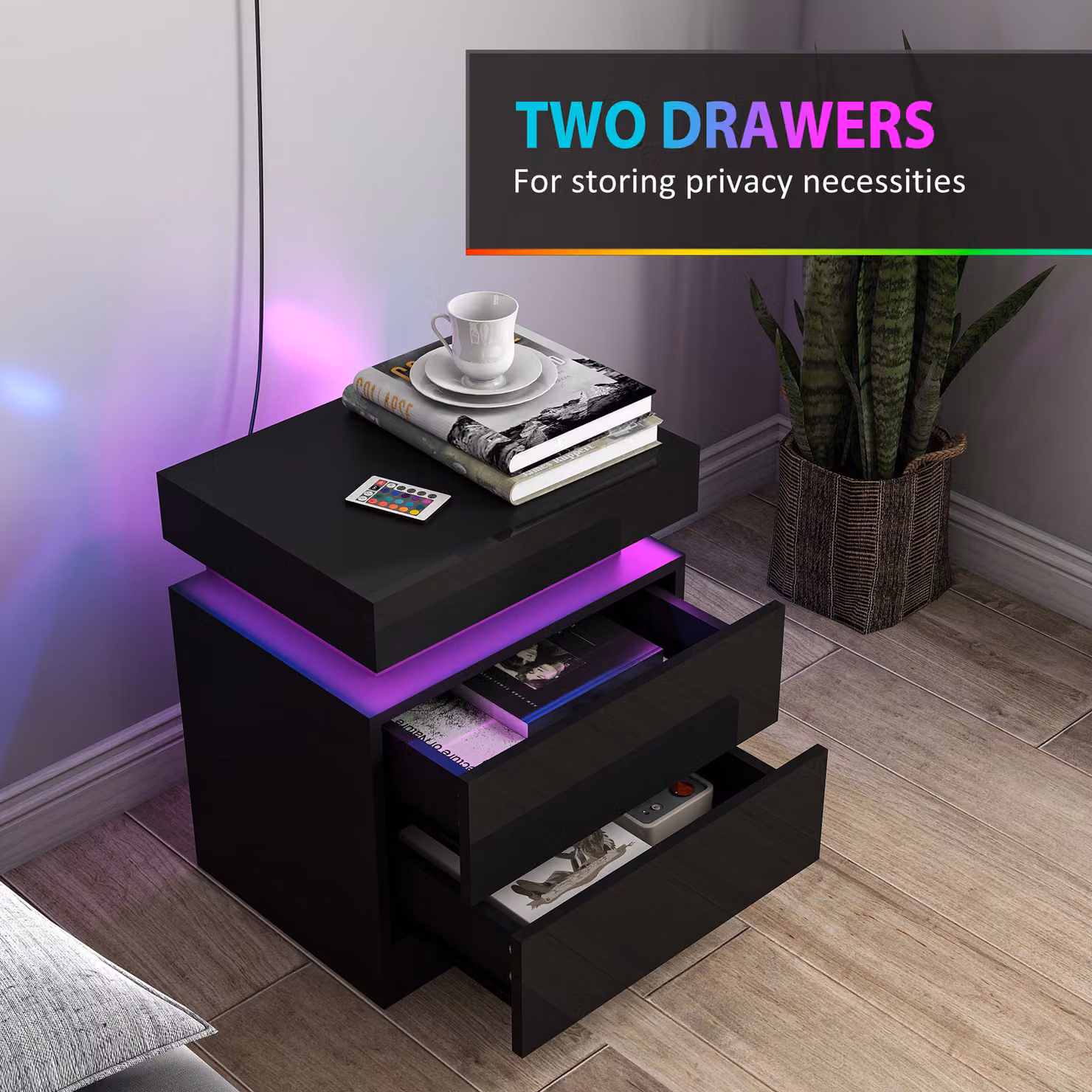 HOMCOM Set of 2 Black High Gloss Bedside Tables with Integrated LED Light and 2 Drawers – 6