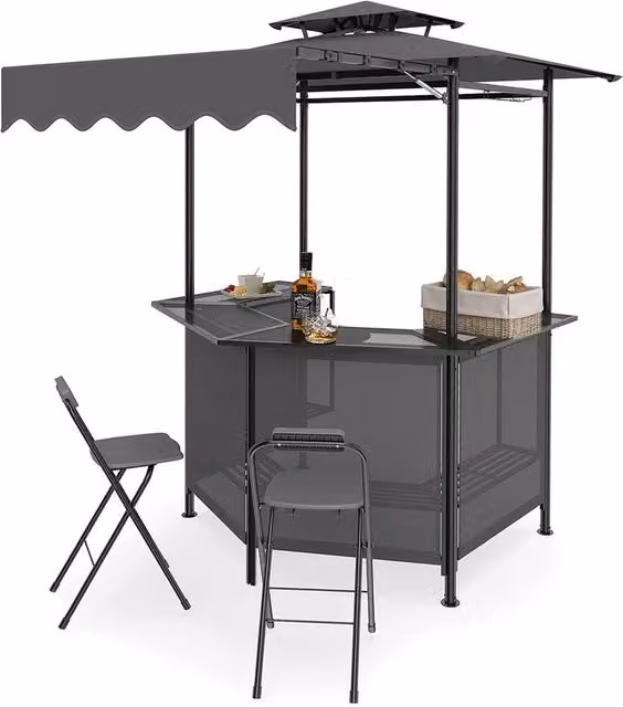 Gymax Outdoor Bar Set Including Grill Gazebo, Bar Table and 2 Folding Bar Stools in Grey – 1