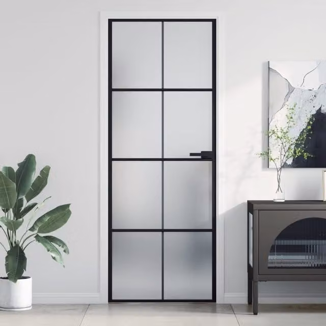 Berkfield Modern Slim Interior Door in Black with Tempered Glass and Aluminium, W: 76 cm, H: 201.5 cm