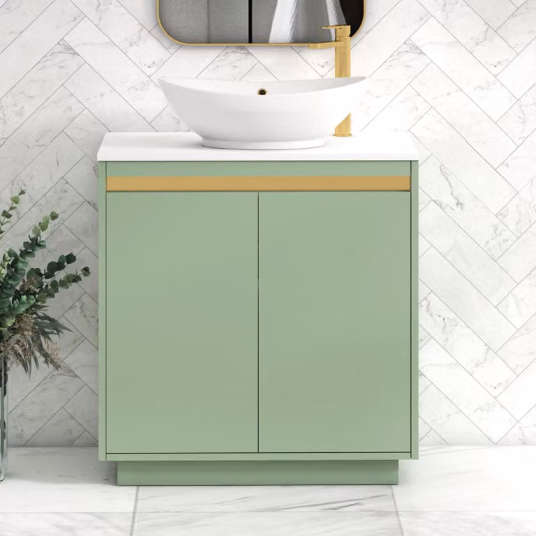Royal Bathrooms Orion 800mm Mint Sage Floor Standing 2 Door Vanity Unit with Amaze Basin and Brushed Brass Accent Trim