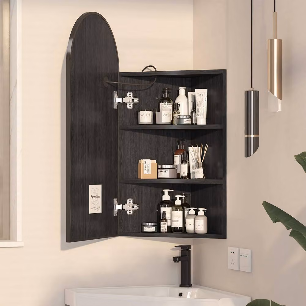 KEEPREAPER Modern Black Matt Corner Mirror Cabinet with Integrated LED Lighting and Glass Hinged Doors – 2