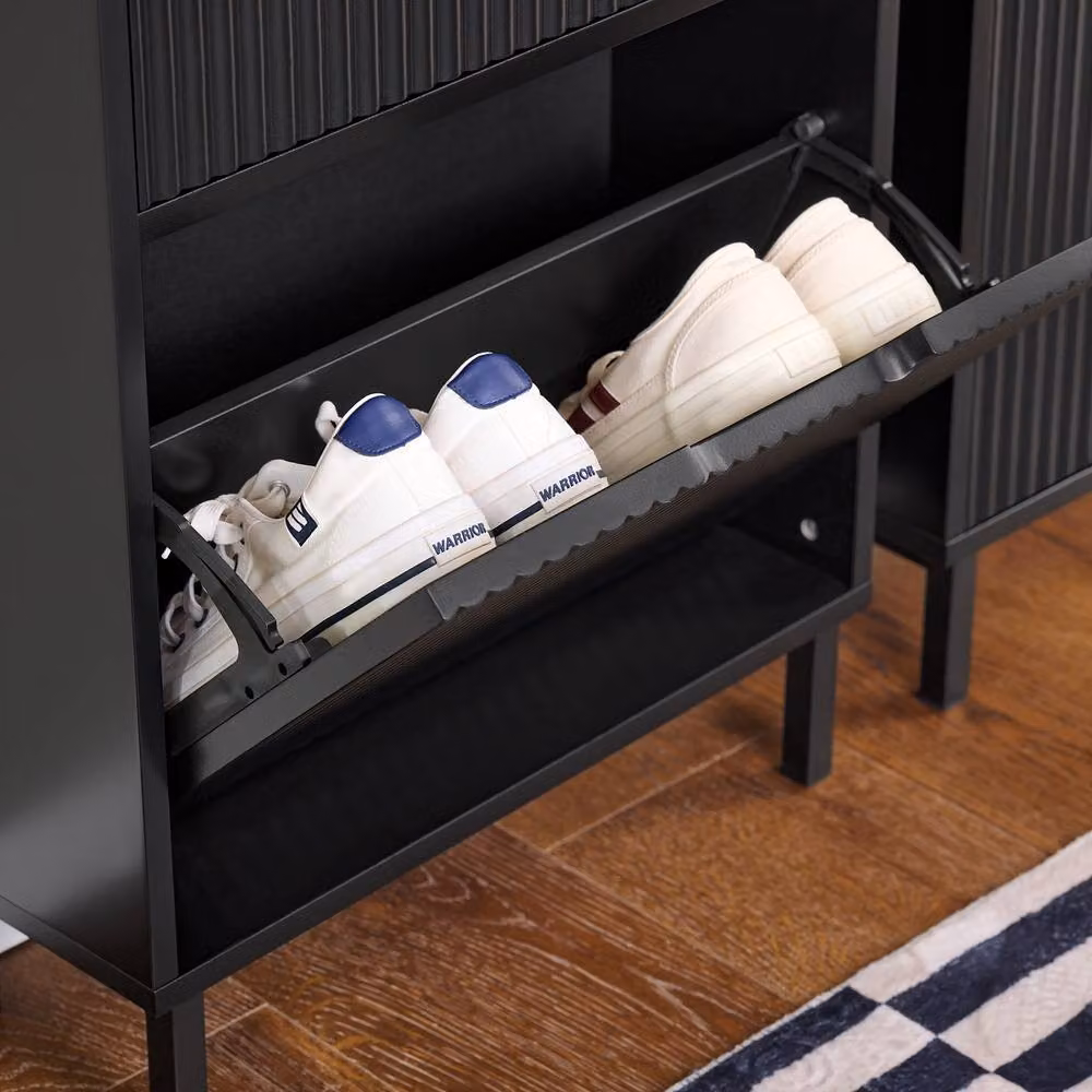 SoBuy Slim Modern Black Matt Shoe Cabinet with Tilting Compartments and Internal Shelves – 5