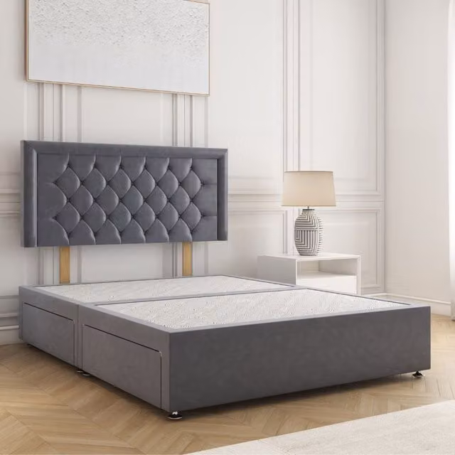 BSSPOKE Nova Plush Velvet Divan Bed with 2 Drawers and Headboard in Anthracite Grey, W/D/H: 140 x 200 cm