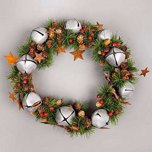 Shatchi Silver and Green Christmas Wreath with Stars and Leaves, Diameter: 40 cm – 2