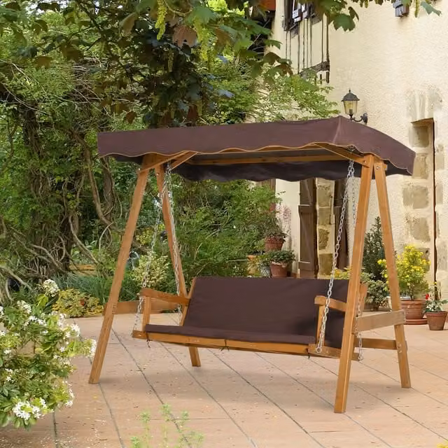 Outsunny 3-Seater Outdoor Swing Chair Hammock with Sun Canopy and Cushions in Brown Lacquered Treated Hardwood