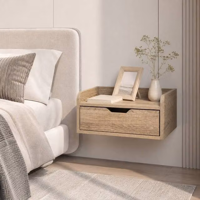 STILVORA Set of 2 Wall Mounted Bedside Tables with Drawer in Natural Brown – 1