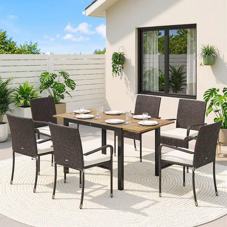 OUTSUNNY 6 Seater Rattan Garden Furniture Set with Stackable Chairs in Beige, W: 150 cm, D: 80 cm