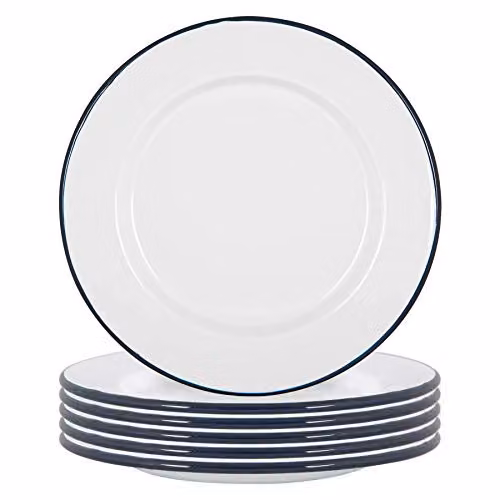 Argon Tableware Enamel Steel Dinner Plates, Set of 6, Blue, White or Red, Diameter: 25.5 cm