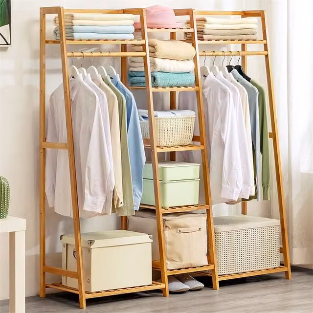 Livingandhome Bamboo Multi-Functional Clothes Rack with 5-Tier Storage Shelves, Brown