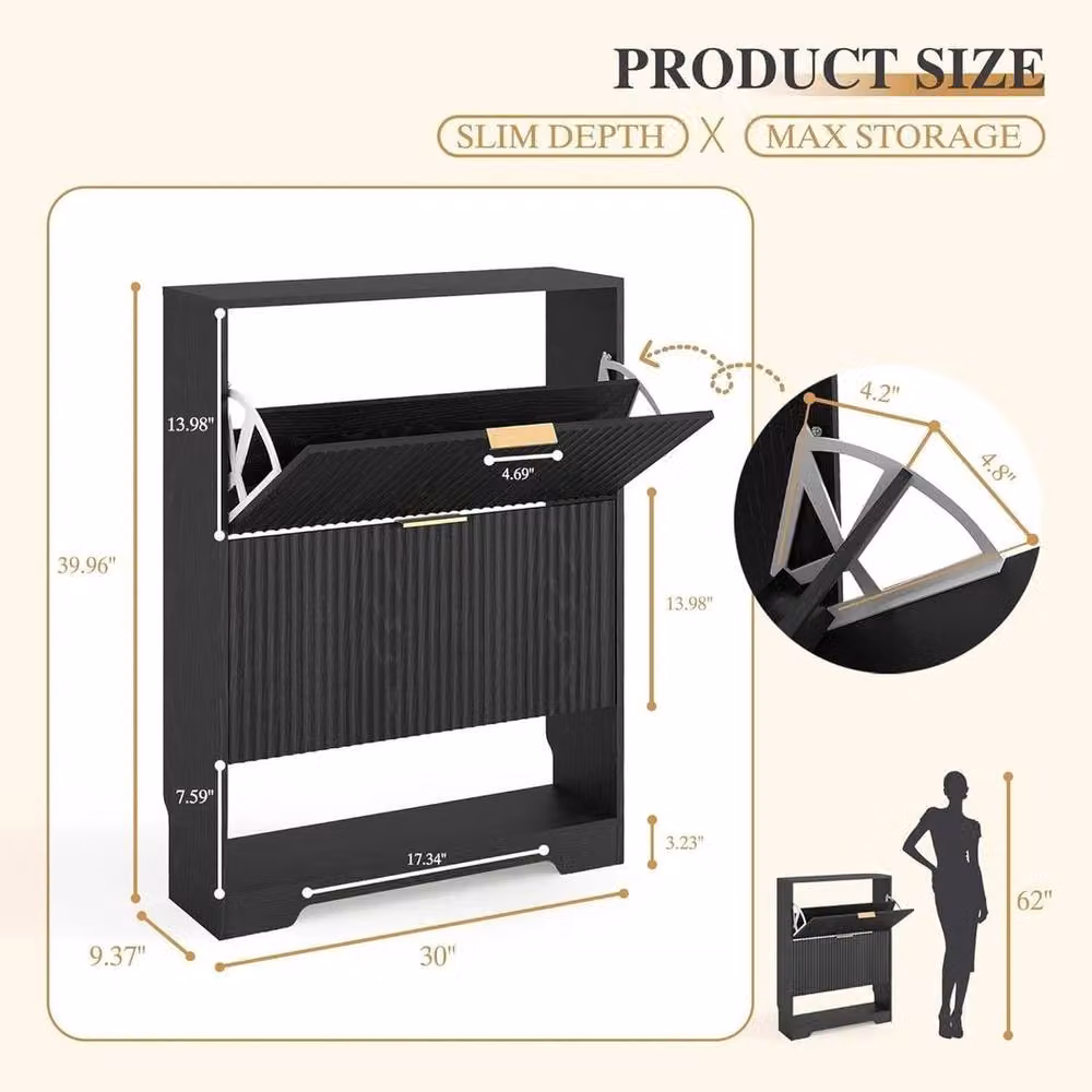 KORVIXA Black Mid-Century Wooden Shoe Storage Cabinet with 2 Tilting Compartments, W/D/H: 100 x 24 x 100 cm – 2