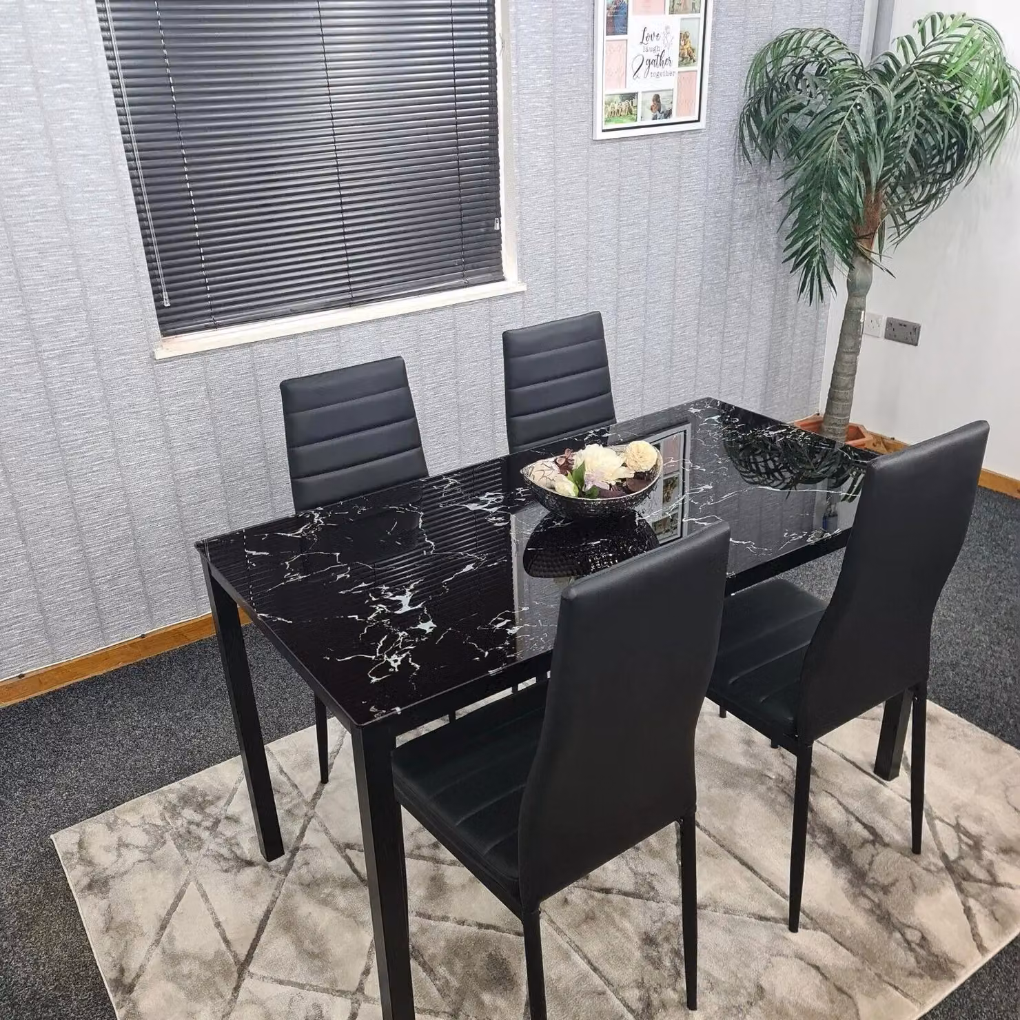 Kosy Koala Modern Dining Set with Black Marble Effect Glass Table and 4 Black Leather Chairs in Brown – 4
