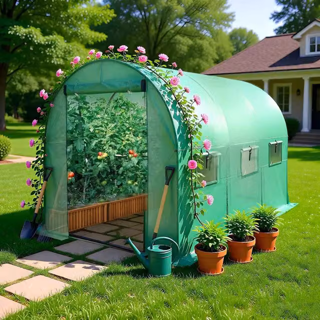 BIRCHTREE Green Polytunnel Greenhouse with Galvanised Steel Frame, W: 200 cm, D: 200 cm, H: 200 cm