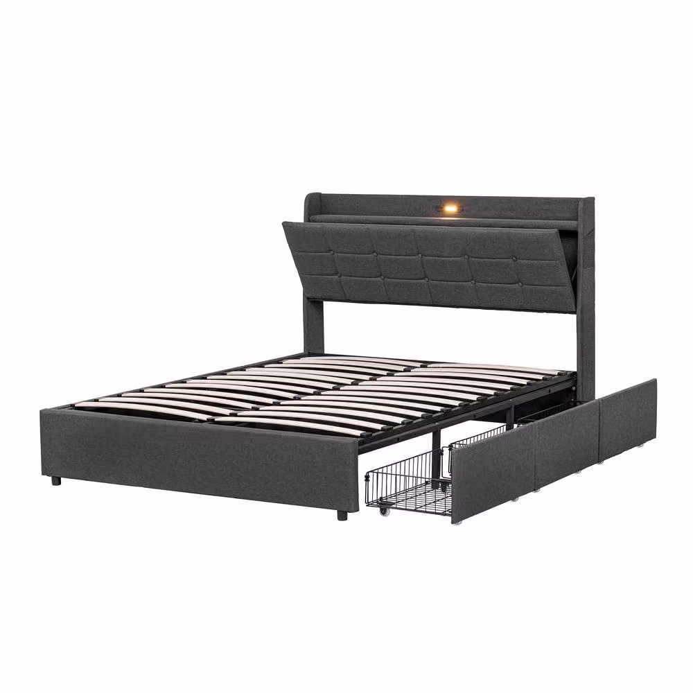 BTM Grey 5ft King Size Upholstered Bed with Hydraulic Storage and Charging Headboard W/D/H: 150 x 200 x 113 cm – 5