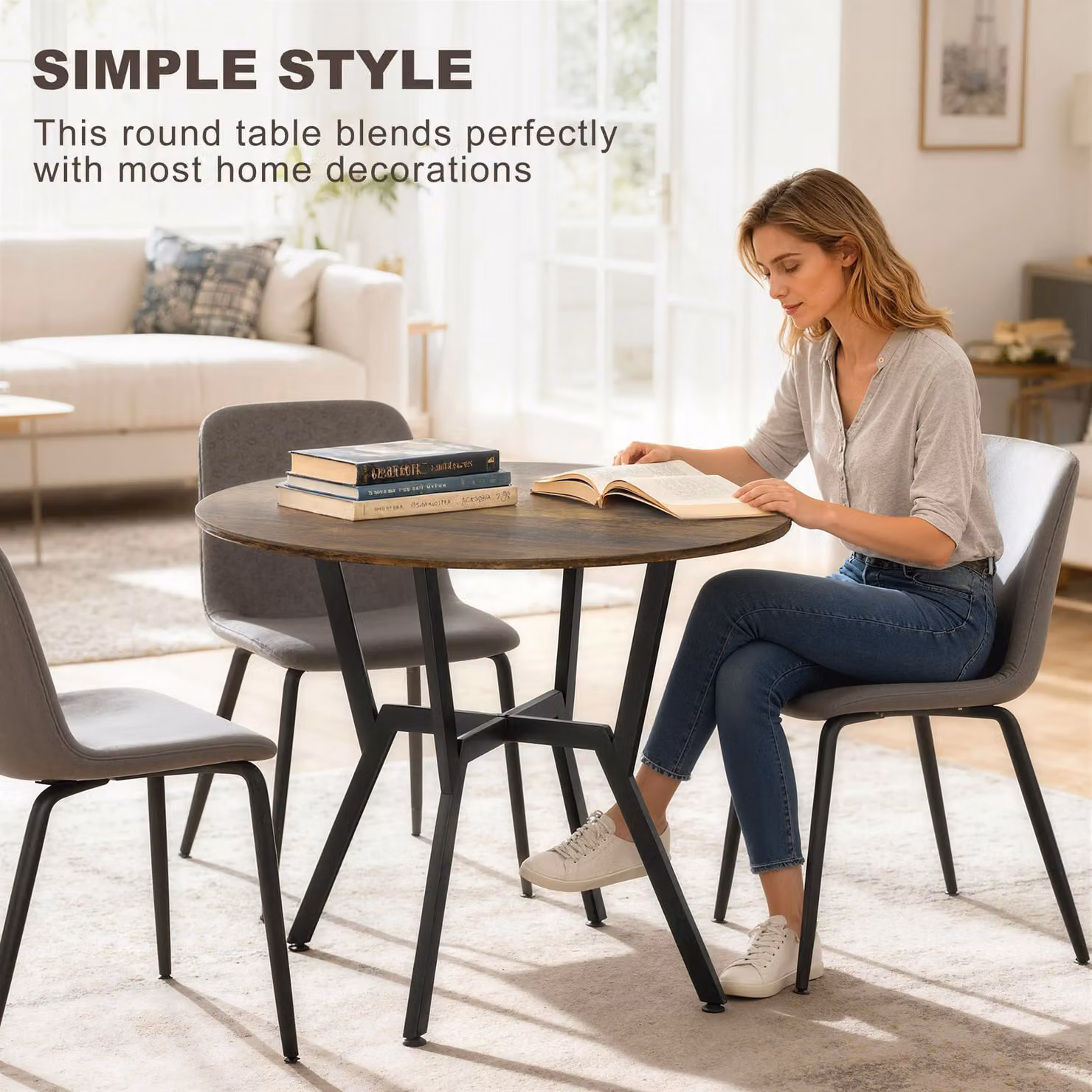 HOMCOM Round Dining Table in Rustic Brown with Black Legs, Diameter: 90 cm, Height: 76 cm – 4