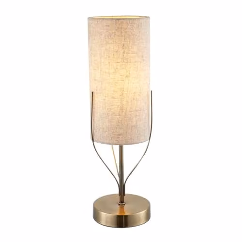 Happy Homewares Antique Brass Metal Table Lamp with Cylindrical Beige Fabric Shade, H 40 cm x W 12 cm x D 12 cm – 1