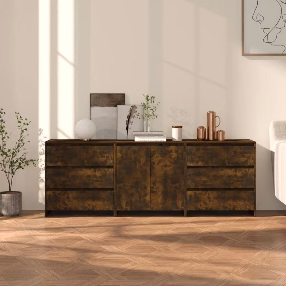 Berkfield Home Decorative 3 Piece Smoked Oak Sideboard in Brown, W/D/H: 185 x 40 x 75 cm – 1