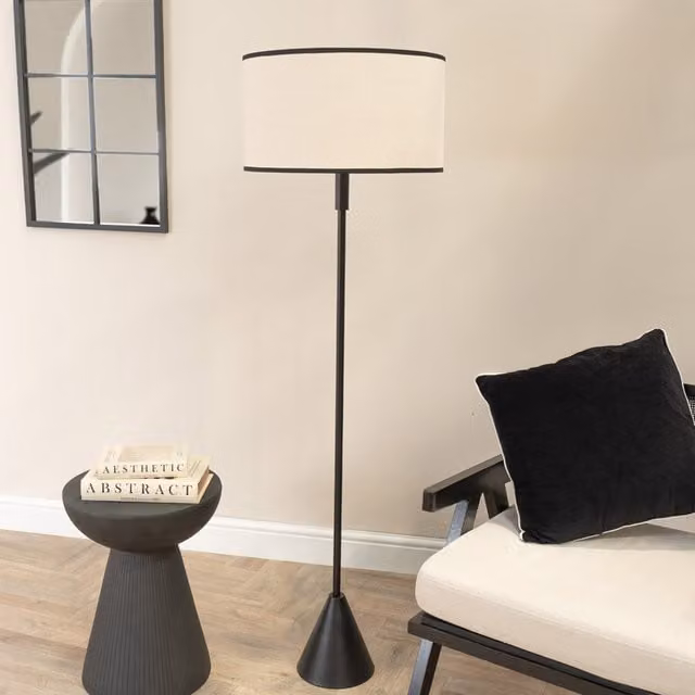 ValueLights Mitch Triangle Floor Lamp with Black Trim Linen Drum Shade