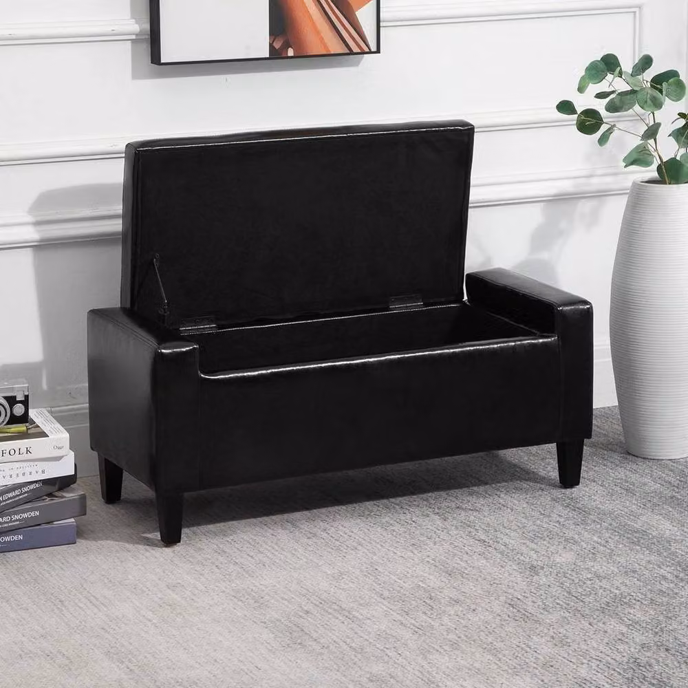 FORGEVIO Black PU Leather Storage Ottoman Bench with Rubberwood Frame, W: 150 cm, D: 40 cm, H: 40 cm – 5