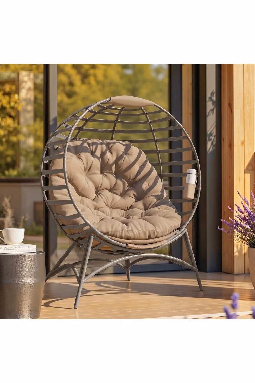 ERGOVEXA Egg Chair with Cushion and Side Pocket in Sand Brown – 2
