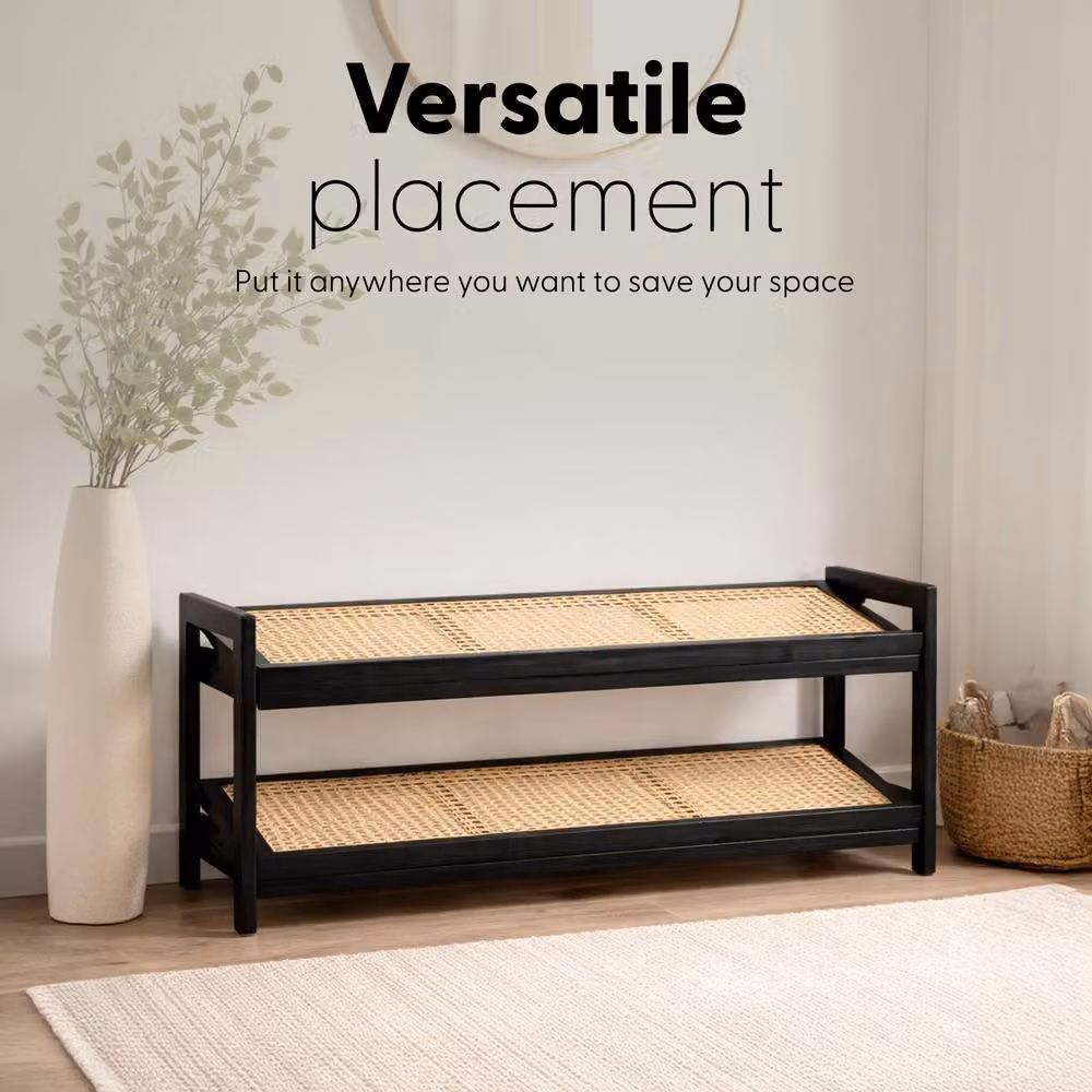 Keplin 2 Tier Bamboo and Rattan Shoe Rack Organiser in Black and Natural – 4