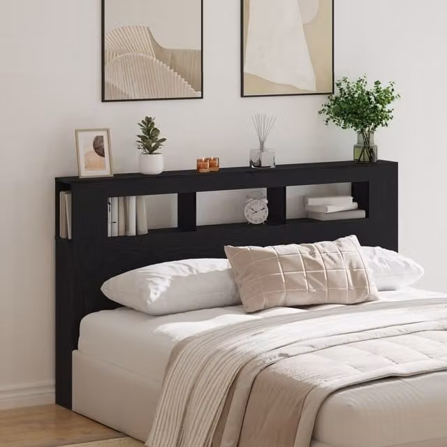 Berkfield Home Storage Headboard with LED Lights in Black Oak, W: 180.5 cm, D: 18.5 cm, H: 103.5 cm – 1