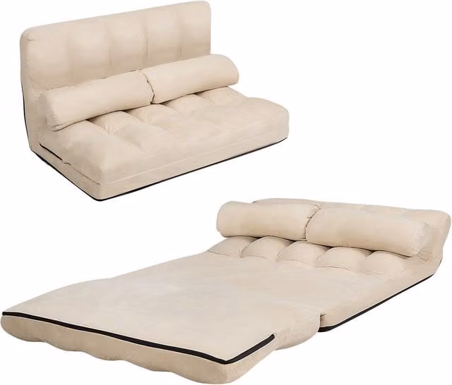 Costway 3-in-1 Folding Lazy Sofa Bed and Floor Sleeper Seat with 6-Position Adjustment and 2 Pillows in Beige