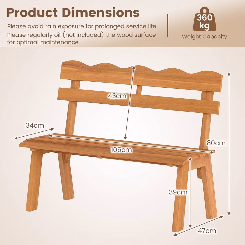 Costway 2-Person Outdoor Acacia Wood Garden Bench with Backrest and Armrests in Brown – 2