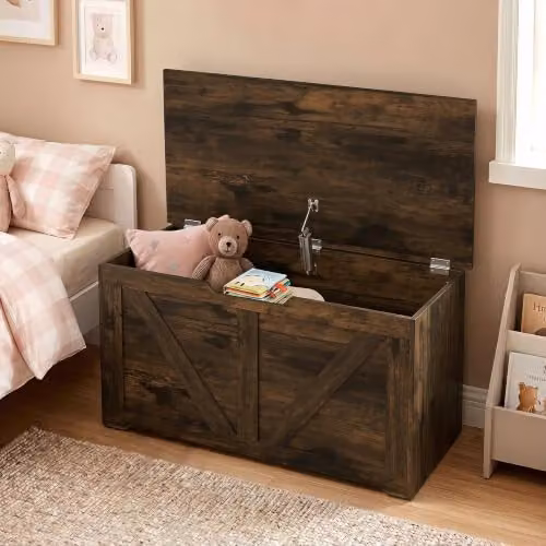 HOMCOM 100L Storage Chest with Safety Hinge in Rustic Brown, W/D/H: 80 x 40 x 45 cm – 8