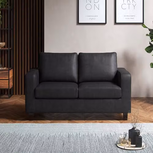 Furnishings For Less UK York Black Faux Leather Small 2 Seater Sofa with Solid Wood Frame and Removable Covers, W: 134 cm, H: 75 cm, D: 86 cm – 2