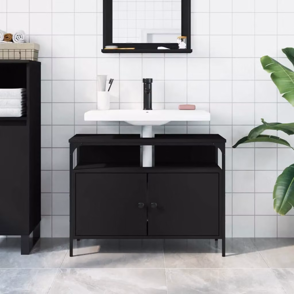 Berkfield Home Black Wall Mounted Bathroom Sink Cabinet with Hinged Doors, W/D/H: 80 x 30 x 60 cm – 3