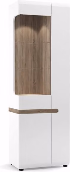 Furniture To Go Chelsea White High Gloss and Truffle Oak Tall Glazed Narrow Display Cabinet RHD