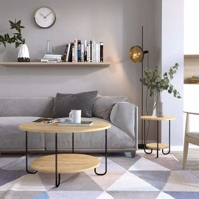 FWStyle 2 Tier Round Modern Coffee Table in Natural Oak with Scratch Resistant Surface