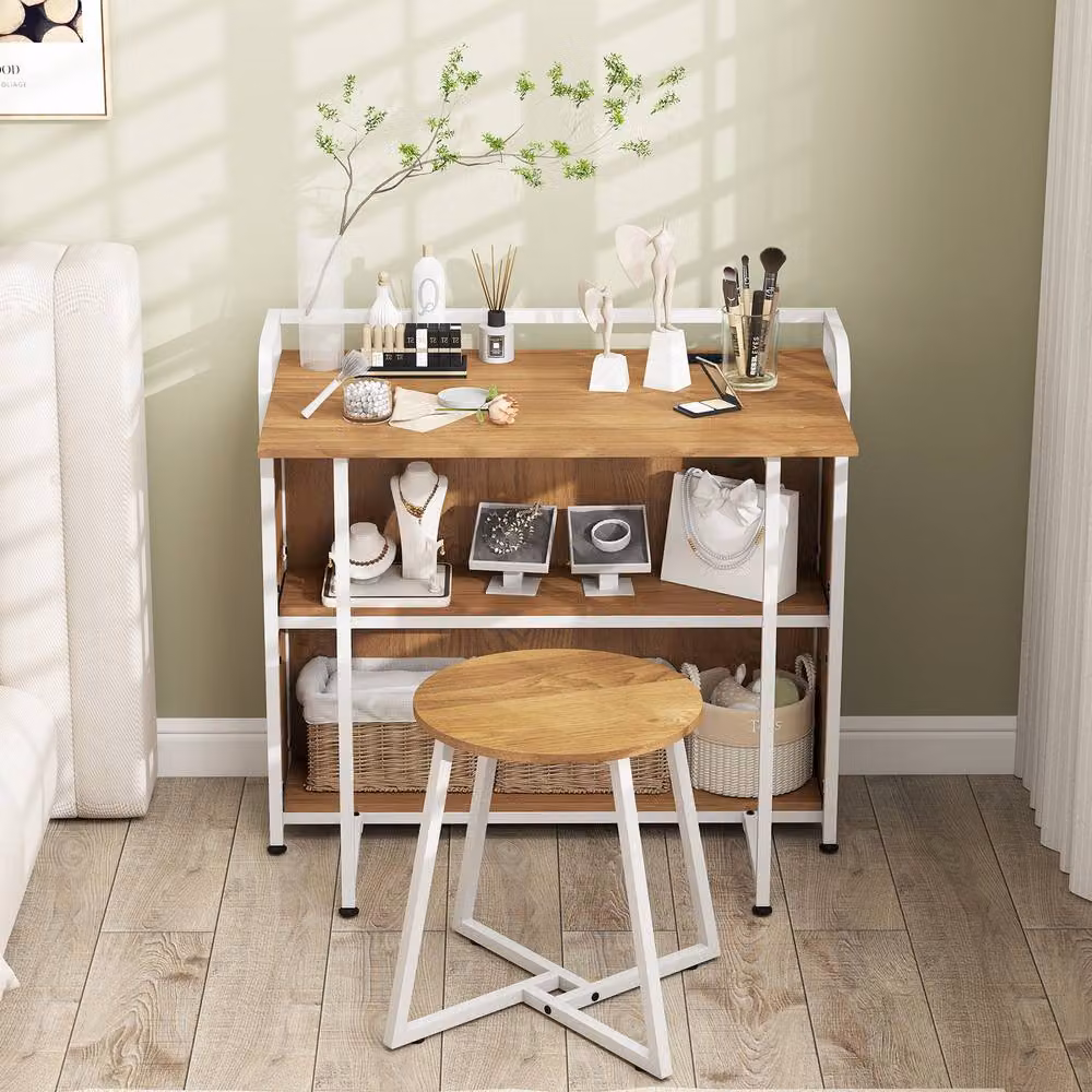 Costway Folding Computer Desk Set with Stool and AC Outlets in Natural Beige – 5