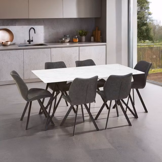 Interiors by Premier Modern Rectangular Glass Dining Set with 7 Chairs in White and Grey – 1