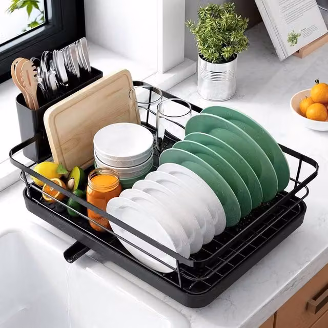 VOGREX Stainless Steel Dish Drainer Rack with Spout Holder, Black – 1