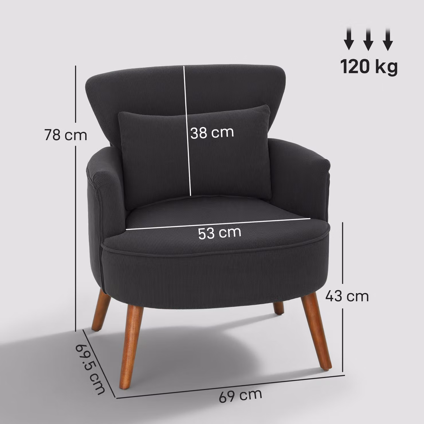 HOMCOM Retro Corduroy Tub Accent Chair with Armrests in Black – 3