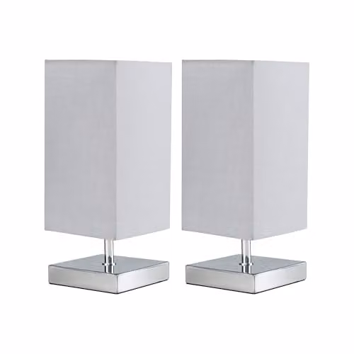 ValueLights Yuko Pair of Modern Square Polished Chrome Touch Table Lamps with Grey Fabric Shades, Dimmable – 1