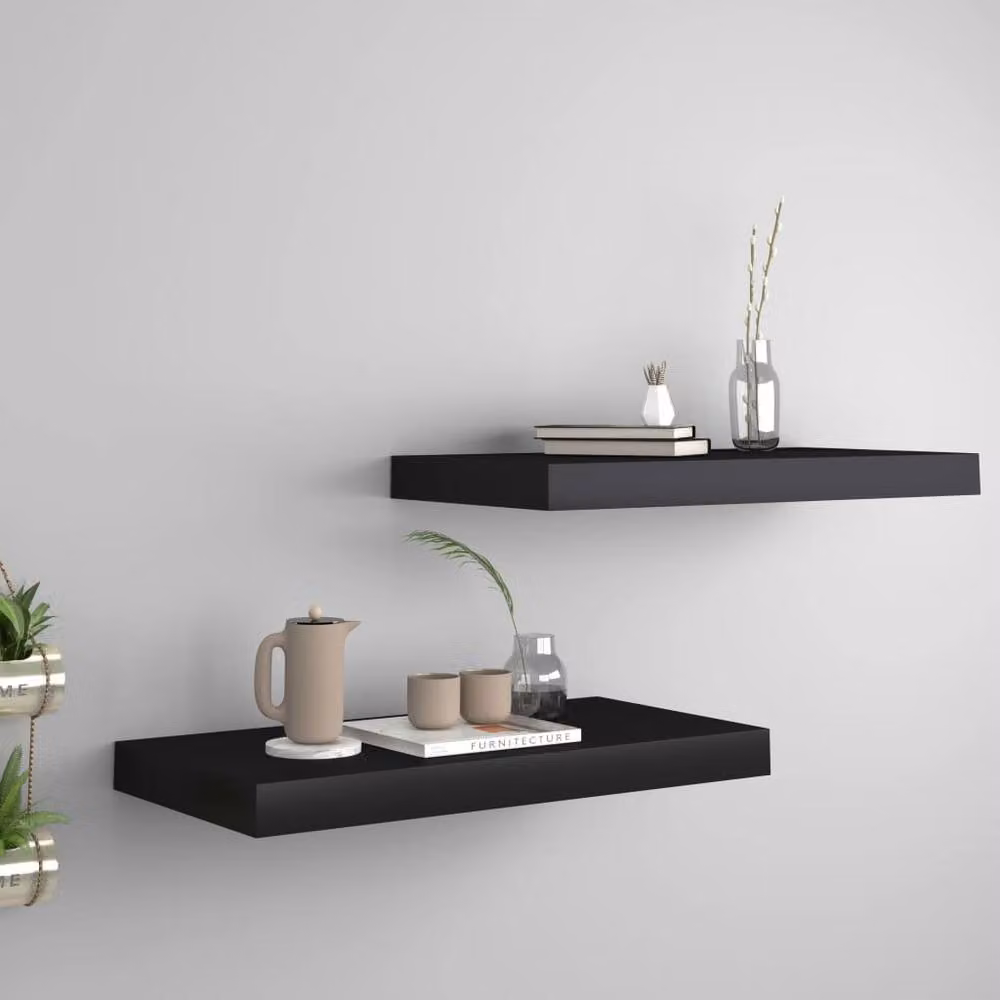 Berkfield Home Set of 2 Durable Floating Wall Shelves, Black MDF and Metal, W: 50 cm, D: 23 cm, H: 3.8 cm – 2