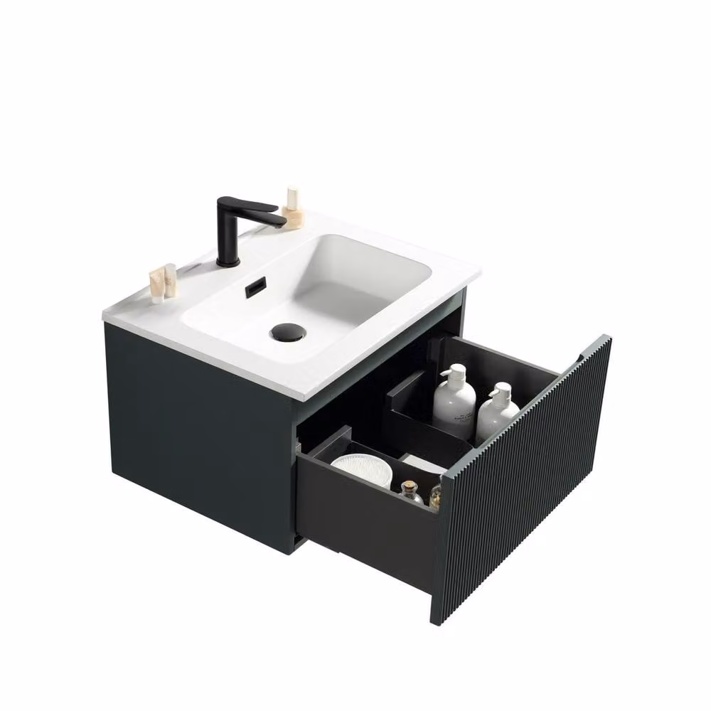 Bathroom Kingdom Flauto Smoked Sage Wall Hung Basin Drawer Vanity in Dark Green, Width: 60 cm – 2