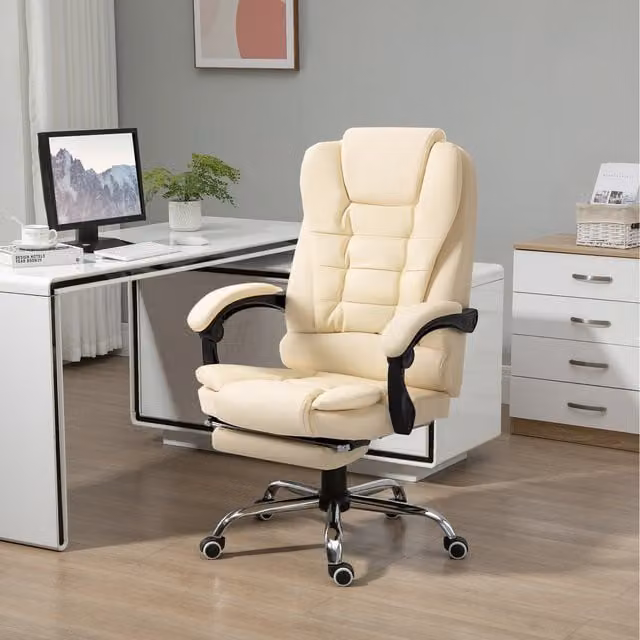 HOMCOM Modern Executive PU Leather Swivel Computer Chair with Footrest and Headrest in Black and Beige