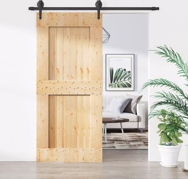 Berkfield Home Rustic Solid Wood Pine Sliding Door with Hardware Set, Brown, W: 90 cm, H: 210 cm