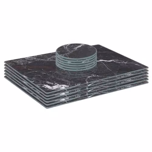 Harbour Housewares 12pc Black Marble Effect Glass Placemats and Round Coasters Set, W: 30 cm, D: 20 cm – 1