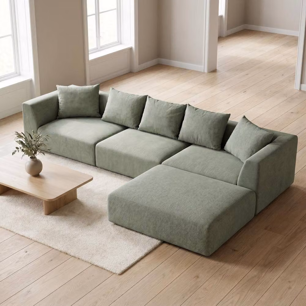 Abakus Direct Tokyo Large L-Shape Corner Sofa in Green or Beige Basket Weave Fabric with Natural Bamboo Frame – 3