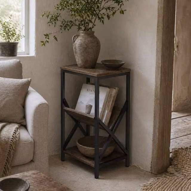Wyld Haus Elfi Nere Oak Effect Narrow Side Table with Magazine Holder and 3 Tiers in Light Oak – 1