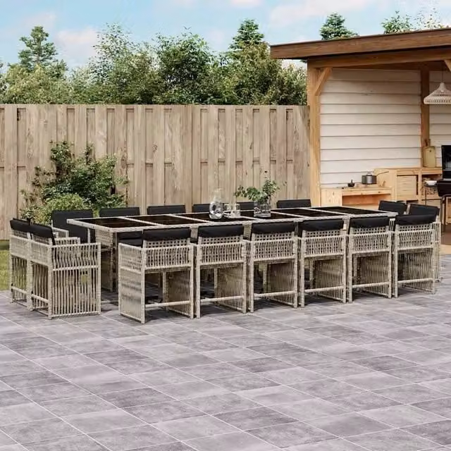 Berkfield Home 17 Piece Modern Poly Rattan Garden Dining Set with Grey Cushions and Glass Tabletop