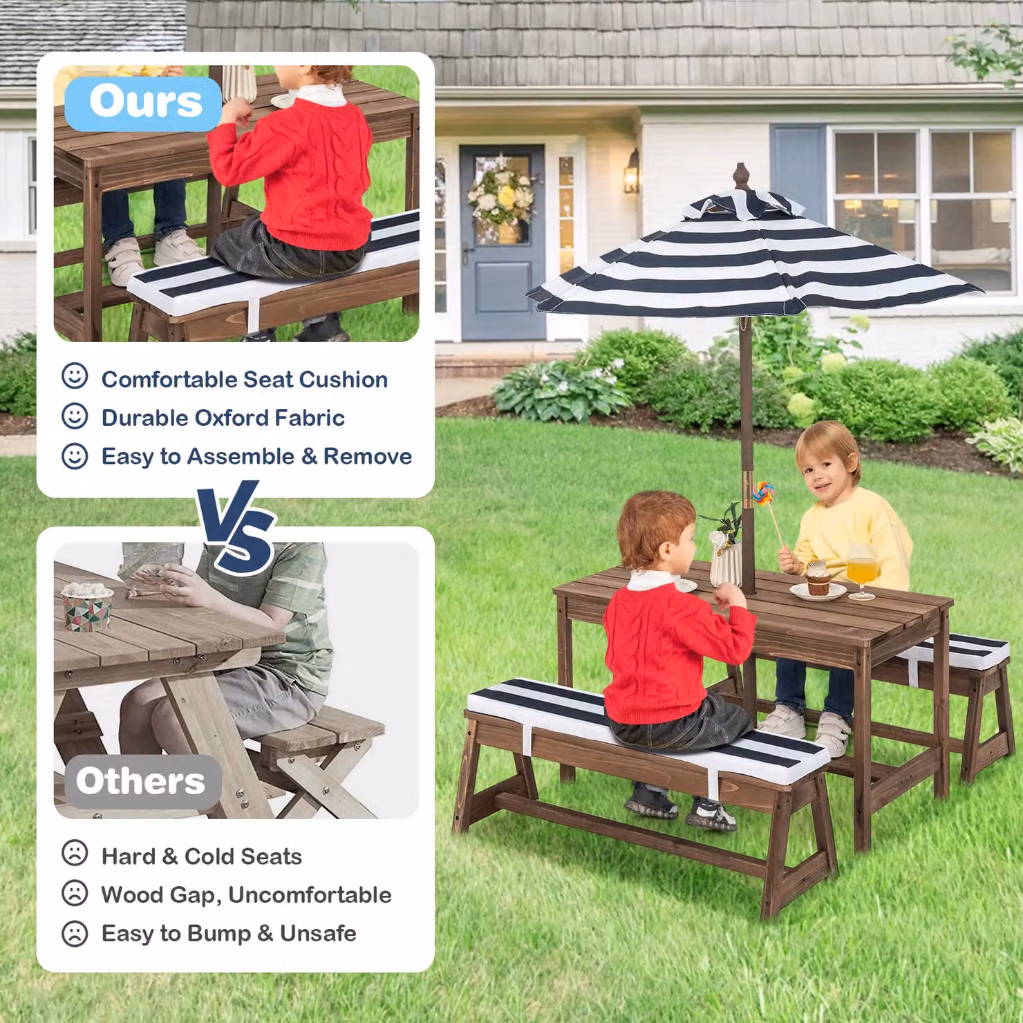 Costway Wooden Kids Picnic Table and Bench Set with Umbrella in Blue – 3