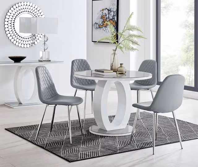 FurnitureboxUK Giovani Round 4 Seat Dining Set with Grey Glass Top and 4 Silver Corona Faux Leather Chairs, Diameter: 100 cm, H: 75 cm – 1