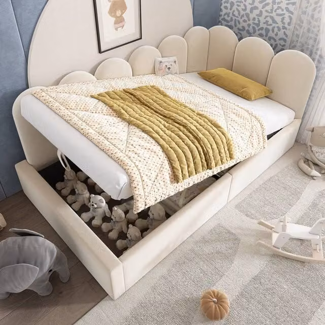 ModernLuxe Velvet Upholstered Single Daybed with Hydraulic Storage and Sofa Function in Beige – 1