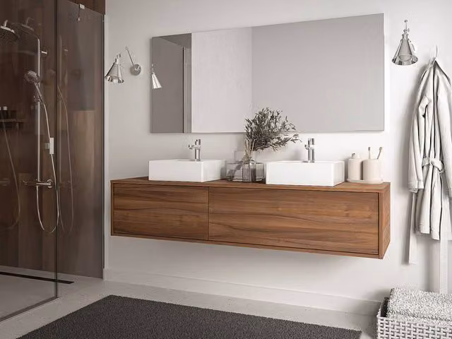 Vente-unique ISAURE II Wall-Mounted Vanity Unit in Walnut, Brown, W: 150 cm, D: 47 cm, H: 32 cm