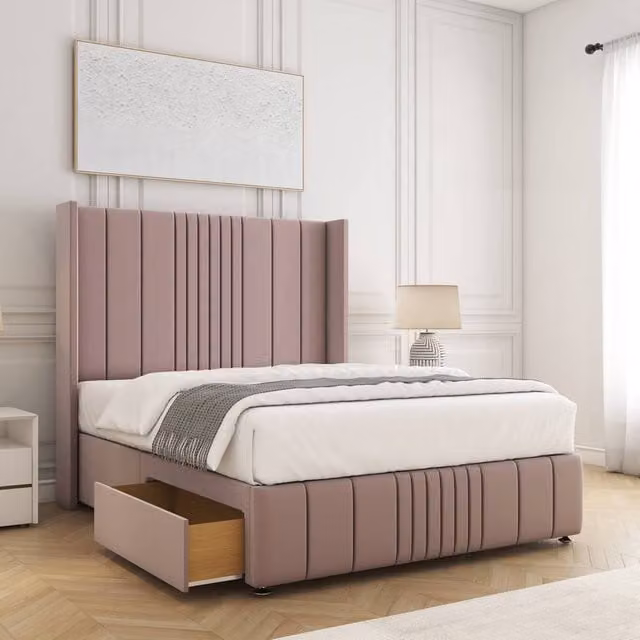 BSSPOKE Elise Plush Velvet Small Double Divan Bed with 54 inch Headboard and 2 Drawers in Pink, W/D/H: 120 x 200 cm